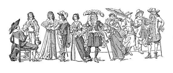 Fashion history Collection from 1637 to 1678 / a big evolution in fashion/ Vintage and Antique illustration from Petit Larousse 1914	