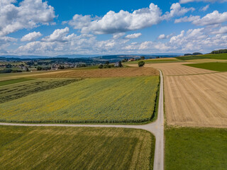 vue depuis un drone dans un temps ensoleillé sur les cultures de la campagne vaudoise en suisse-romande avec une ferme au loin