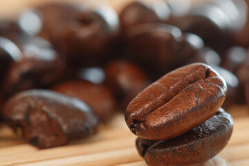 Dark roasted coffee beans    ,close up
