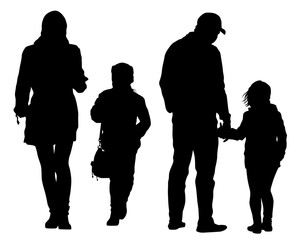 Families with little child walking on street. Isolated silhouettes of people on white background