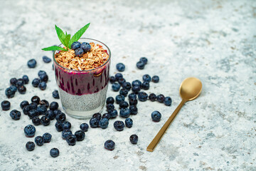 Healthy breakfast or morning snack with chia seeds pudding, granola, muesli and blueberries on white stone background, vegetarian food, diet and health concept.