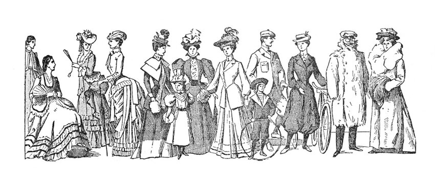 Fashion history Collection from 1870 to 1905 / a big evolution in fashion/ Vintage and Antique illustration from Petit Larousse 1914	