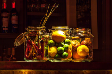 Herbs and Fruits for Cocktail on Bar counter.