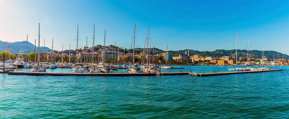 Fototapeta na wymiar A panorama view towards the marina at La Spezia, Italy in summer