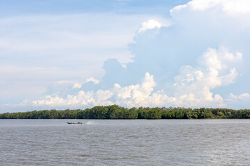 Seascape view along mangrove forest at river mouth with local fishing folk and long tail boat. Cloudy blue sky as background