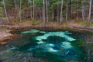 Saula blue springs pond (siniallikas). Tranquil blue and green grades of clear water and seaweed.