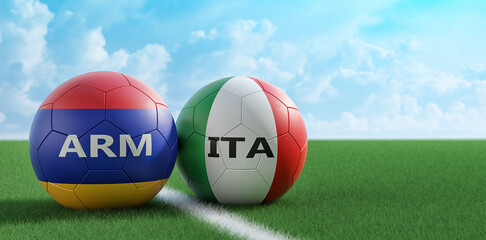 Italy vs. Armenia Soccer Match - Soccer balls in Italy and Armenia national colors on a soccer field. Copy space on the right side - 3D Rendering 