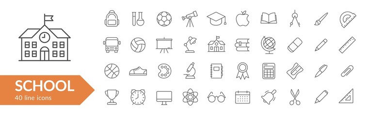 School items line icon set. Education subjects, Stationery items & school symbols. Vector illustration. Collection