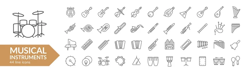 Fotobehang Musical instrument line icon set. Strings, winds, keyboards, percussion. Vector illustration. Collection © Paul Kovaloff