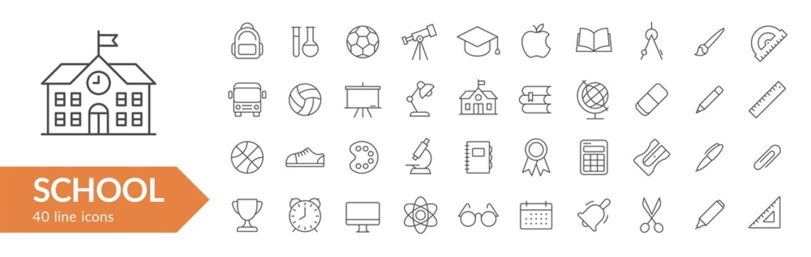 School items line icon set. Education subjects, Stationery items & school symbols. Vector illustration. Collection