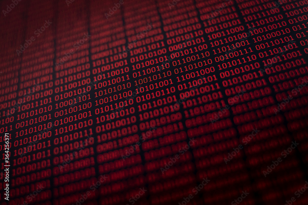 Poster red binary code on black screen - abstract background
