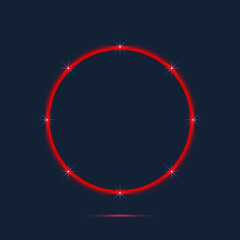 Red neon round frame with stars. Vector illustration. 