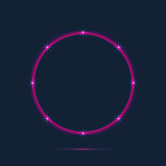 Pink neon round frame with stars. Vector illustration. 