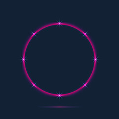 Pink neon round frame with stars. Vector illustration. 