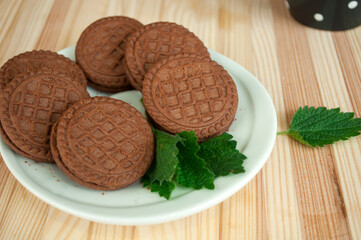 chocolate chip cookies on a wooden background