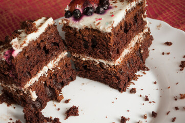 Sponge cake with cream on a white plate.
