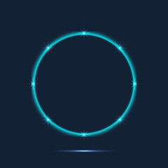 Blue neon round frame with stars. Vector illustration. 