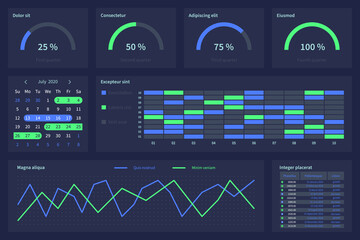 Dashboard with infographic elements, charts, diagrams, processes. Vector dashboard for interface and ui design.