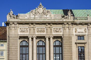 Architectural Detail of Austrian National Library on Heldenplatz in Hofburg. Hofburg was residence of Habsburg dynasty. Vienna, Austria, Europe.