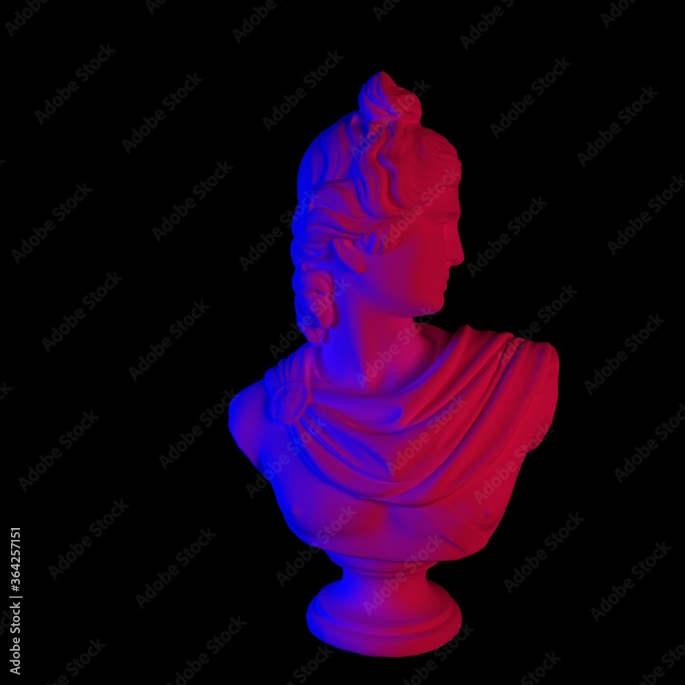 Poster 3d rendering of apollo belvedere statue in neon pink and blue lightning. classical sculpture in vapo