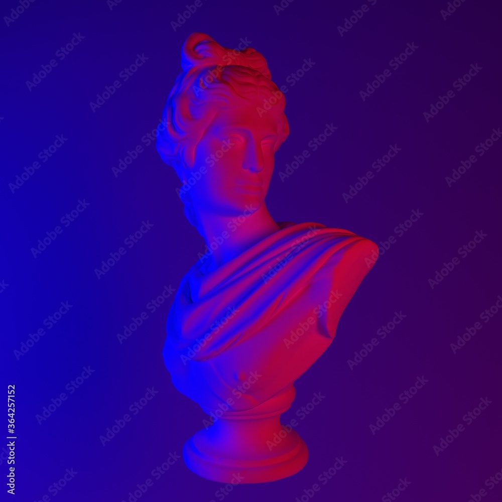 Poster 3d rendering of apollo belvedere statue in neon pink and blue lightning. classical sculpture in vapo