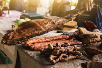 Homemade meat products at the farmers market. Local organic food