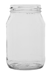 Empty glass jar without cover isolated on white background.