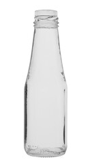 Empty glass bottle without cover isolated on white background.