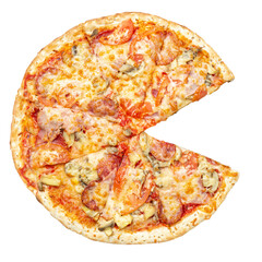 Pizza with cheese, tomato, mushrooms, bacon isolated on white background. Pizza francesca top view.