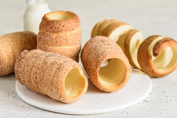 Traditional Czech homemade sweet bun trdelnik or trdlo. Selective focus