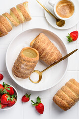 Traditional  homemade Czech sweet yeast roll - trdelnik or trdlo. Top view