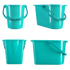 Turquoise plastic bucket on a white background.