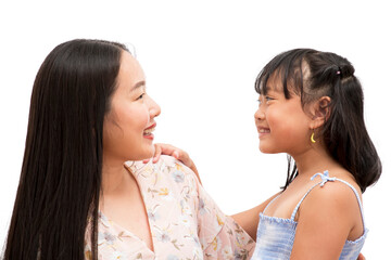 Happy asian family woman with little child smiling and fun and  in love for family in the white background.