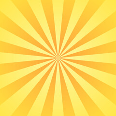 Sun rays background. Yellow orange radiate sun beam, burst effect. Sunbeam light flash boom. Template poster sale. Sunlight star, sunrise glow burst. Solar radiance, retro design. Vector illustration