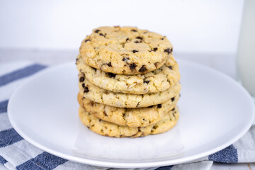 fresh baked classic chocolate chip cookies with nuts on a plate