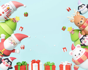 Christmas holiday background scene with Santa and friends, Christmas card 3d rendering.