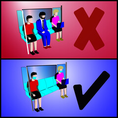 Social distancing inside a public transport illustration,new normal concept