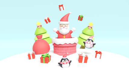 Christmas holiday background scene with Santa and friends in a chimney in blue pastel background, 3d rendering.