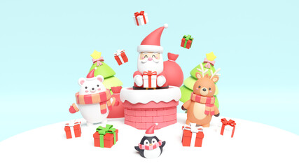 Christmas holiday background scene with Santa and friends in a chimney in blue pastel background, 3d rendering.