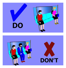 Social distancing inside a public transport illustration,new normal concept