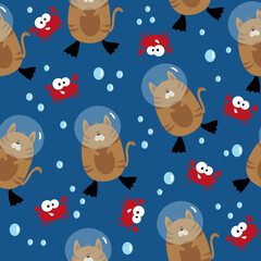 Funny Summer seamless pattern , with diver cat and crab on blue backgound. Good for fabric print, wallpaper, wrapping paper, design.