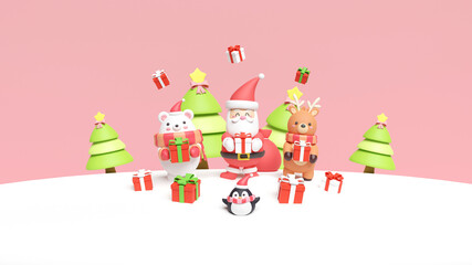 Christmas holiday background scene with Santa and friends, Christmas card 3d rendering.