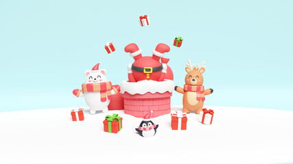 Christmas holiday background scene with Santa and friends in a chimney in blue pastel background, 3d rendering.