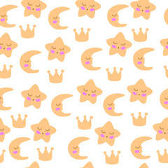 Obraz premium Seamless pattern witn stars, moons and crowns on the white background