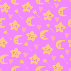Seamless pattern with stars, moons, hearts and magic wands on the pink background