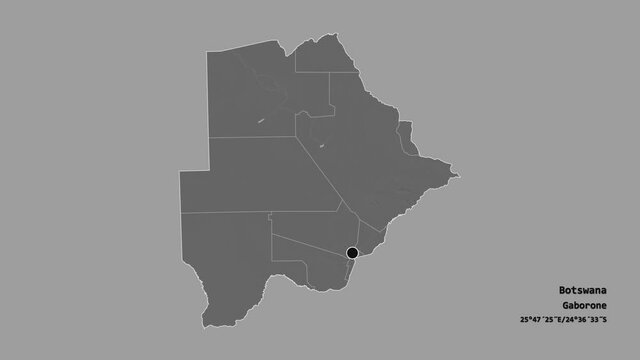 Kgalagadi, district of Botswana, with its capital, localized, outlined and zoomed with informative overlays on a bilevel map in the Stereographic projection. Animation 3D