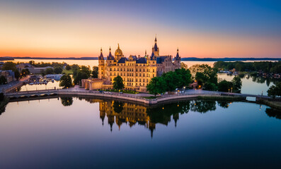 Naklejka na ściany i meble Aerial shot of the Schwerin Castle with my new DJI Mavic Air 2. For centuries it was the home of the dukes and grand dukes of Mecklenburg and later Mecklenburg-Schwerin.