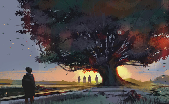 Digital illustration art painting a man standing is looking to group of people  is under a big tree, against sunset time.