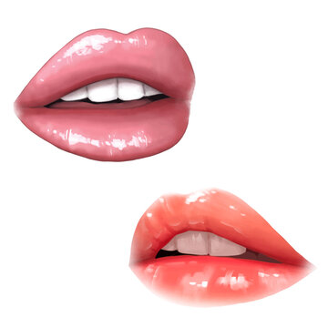 Realistic Moist, Sparkling Lips Painted Image And Illustration, Isolated On White Background. 
Vector Illustration.