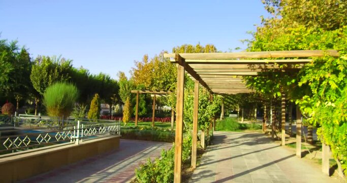 Karaj. IRAN. Hamoon Park, View of scaffolding and pond inside the park, PAN view C408
